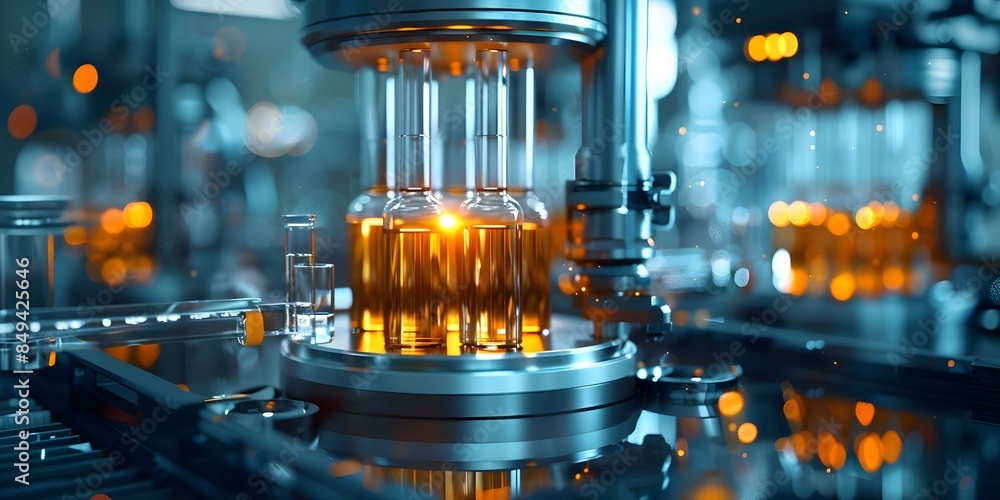 Poster close-up view of peptide synthesis in automated machine with reaction columns. concept chemical synt