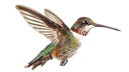 Fototapeta premium A hummingbird gracefully flaps its wings in flight against a pure white backdrop