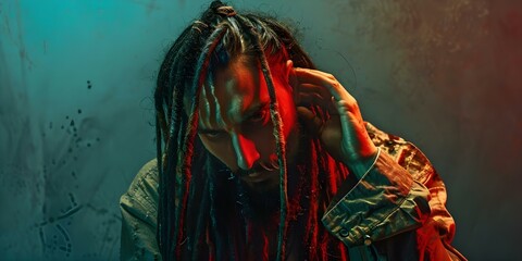Fototapeta premium Portrait of a man with dreadlocks portraying a fictional character in a studio. Concept Studio Photoshoot, Character Impersonation, Dreadlock Hairstyle, Fictional Person, Creative Portraits