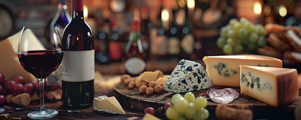 Celebrating National Cheese Day with a cheese tasting event, variety of cheeses and wine, 4K hyperrealistic photo.