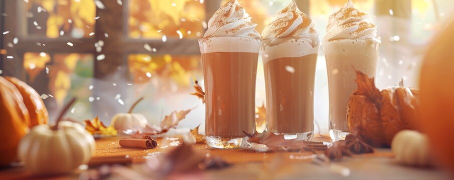 Making pumpkin spice lattes at home, October 3rd, frothy drinks and pumpkin flavors, 4K hyperrealistic photo.