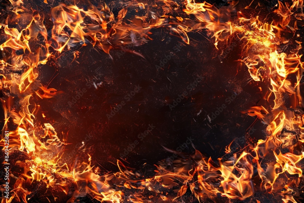 Poster a circle of flames burning brightly in the middle of an open field, surrounded by nature