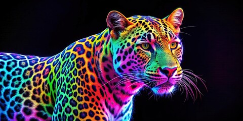 Vibrant neon colored leopard with bold patterns standing out in the wild, wildlife, predator, animal print, vibrant, colorful, neon