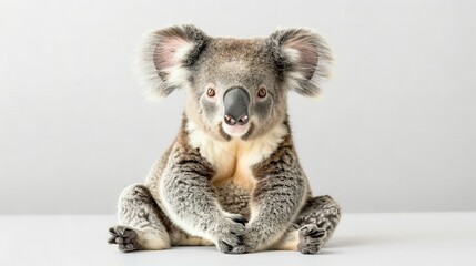    a koala perched on the ground with crossed legs, wide-eyed gaze, set against pure white