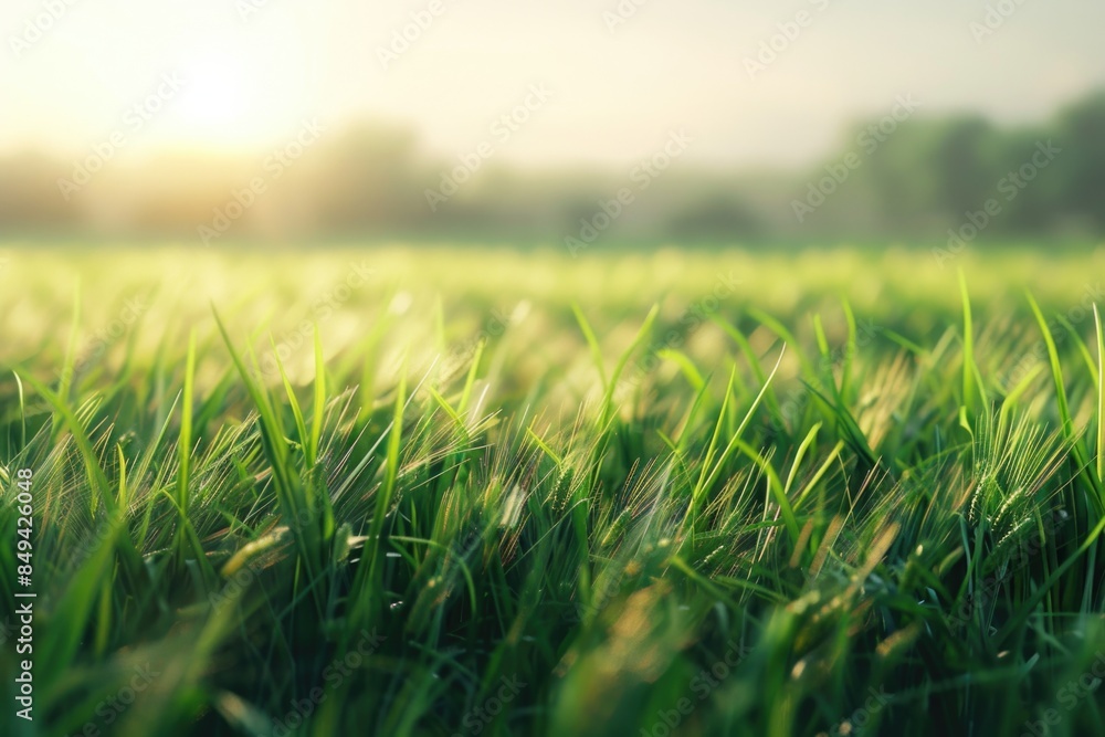 Poster a serene landscape with a field and the sun setting in the background, suitable for use in travel or