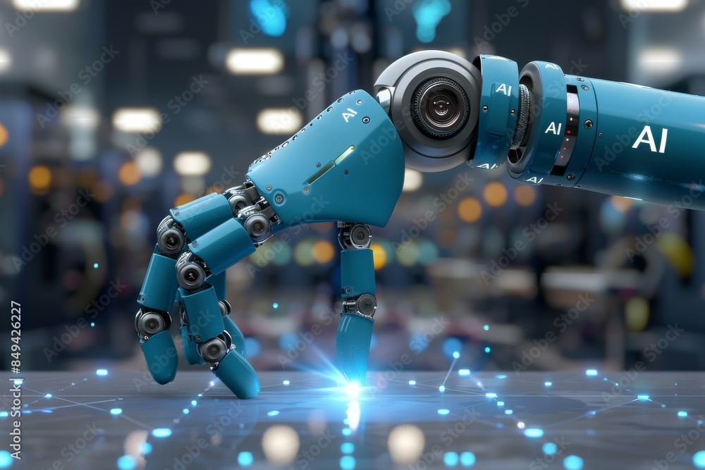 Poster robotic arm in action on ai powered production line enhancing industrial automation.