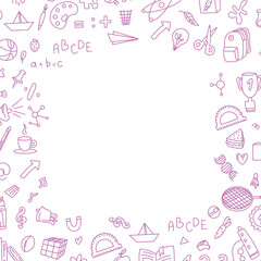 Back to school square text frame in doodle style. Hand drawn set of doodle book elements, education symbols. Framework for social networks. Invitation to a meeting. Office doodles