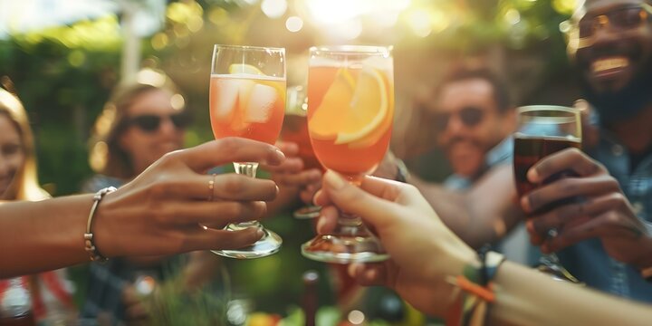 Friends celebrate together with lemonade at backyard barbecue. Concept Outdoor Photoshoot, Friends, Lemonade, Backyard Barbecue, Celebration