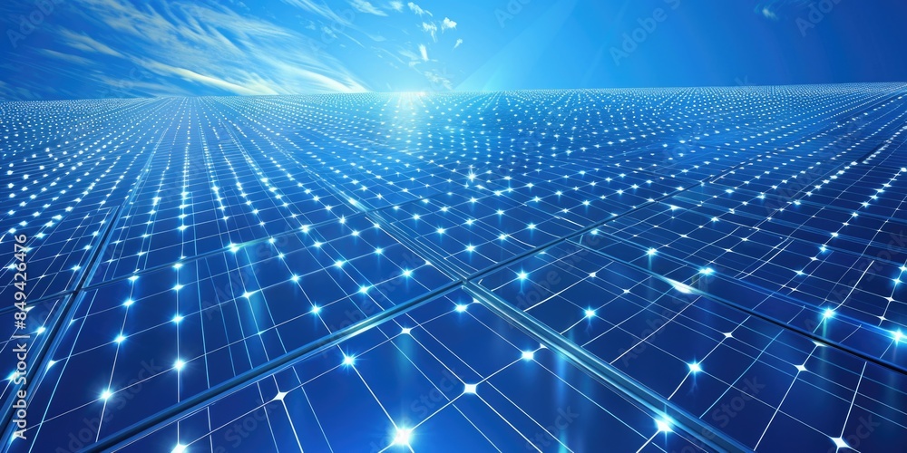 Poster a large array of solar panels on a sunny day with a blue sky