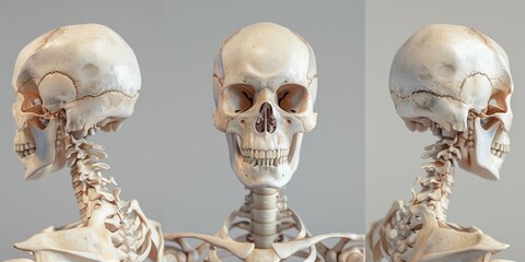 Three views of a human skeleton model for anatomy and medical education