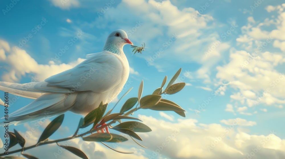 Poster a small white bird sits atop a tree branch, looking out at the surrounding foliage