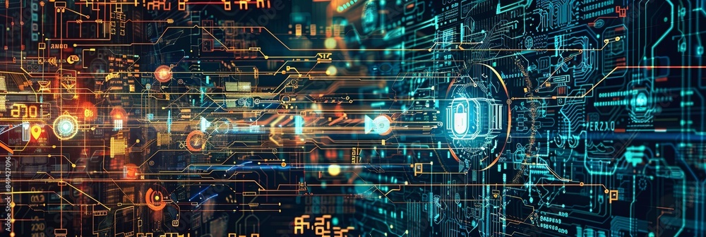 Poster abstract digital art depicting a futuristic cybersecurity network protected by ai algorithms, digita