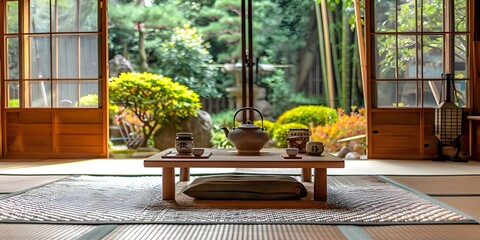 Traditional Japanese Tea Room with Tatami Mats, Low Table, and Tea Ceremony Utensils. Concept Traditional Japanese Tea Room, Tatami Mats, Low Table, Tea Ceremony Utensils, Zen Aesthetics