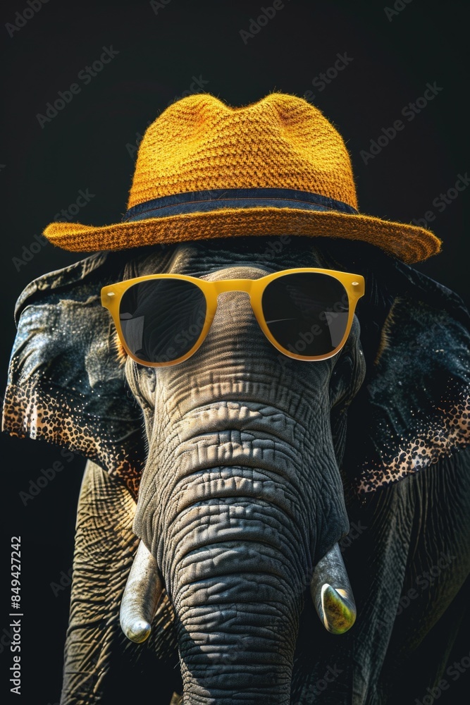 Poster a close-up shot of an elephant wearing a hat and sunglasses for a unique and playful look