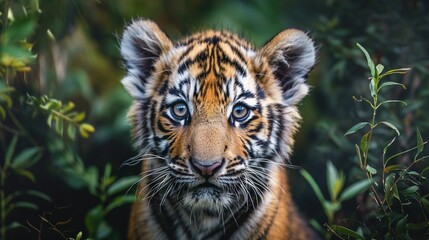 Obraz premium A tiger's face close-up with trees in the background