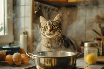 A domestic cat sitting in a pot on top of a stove, often used for cooking or baking