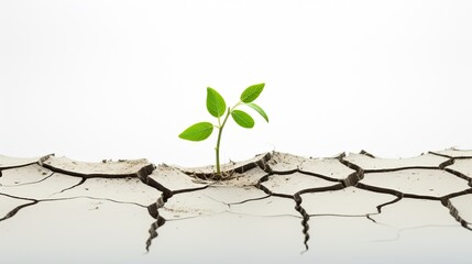 Photograph of a delicate green sprout breaking through the surface of cracked earth