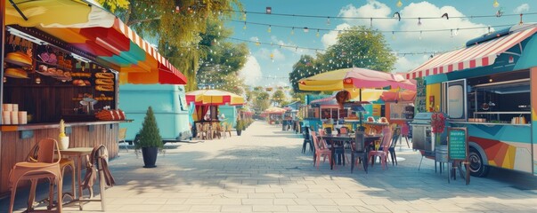 Summer street food festival with diverse cuisines, food trucks and culinary delights, 4K hyperrealistic photo.