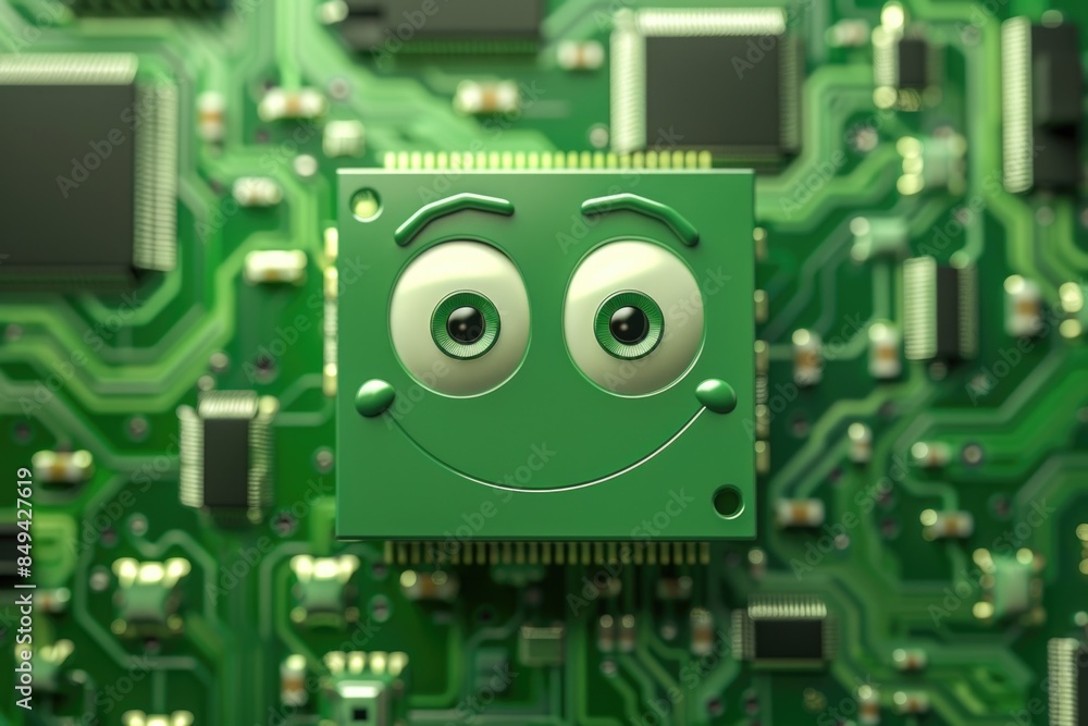 Poster A close-up view of a green printed circuit board featuring a smiley face design