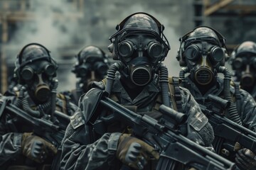 Fototapeta premium Group of soldiers wearing gas masks, possibly preparing for chemical attack or training exercise