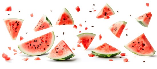 Falling pieces of watermelon and seeds on white background. Juicy watermelon in close-up
