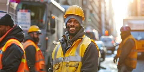 Diverse Sanitation Crew in NYC Promoting Community Cleanliness and Unity. Concept Community Engagement, Sanitation Workers, NYC, Diversity, Cleanliness, Unity
