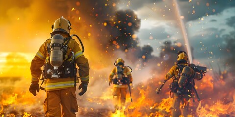 Fototapeta premium Leveraging Advanced Technology to Combat and Rescue from Blazing Flames. Concept Firefighting Drones, Thermal Imaging Solutions, Smart Firefighting Gear, AI-Powered Emergency Response