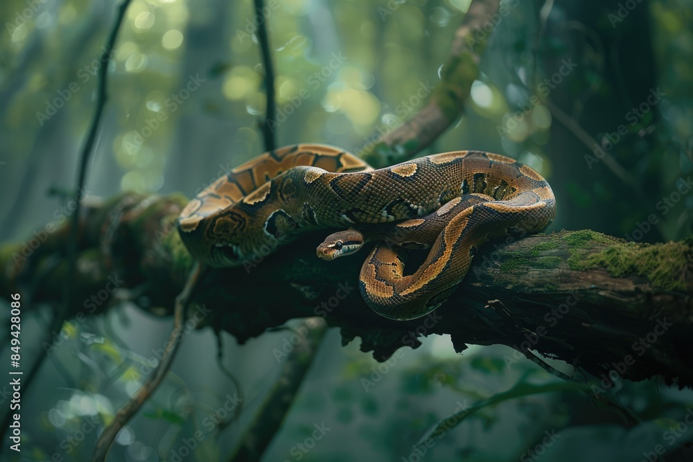 Poster A snake curled around a branch in a dense forest