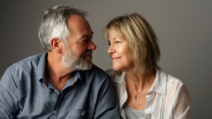 Lovely middle aged couple seated against gray backdrop gazing affectionately at one another