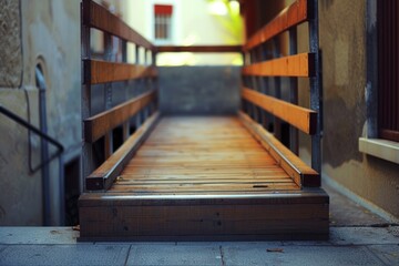 A wooden bench situated on the side of a building, suitable for use in urban or rural settings