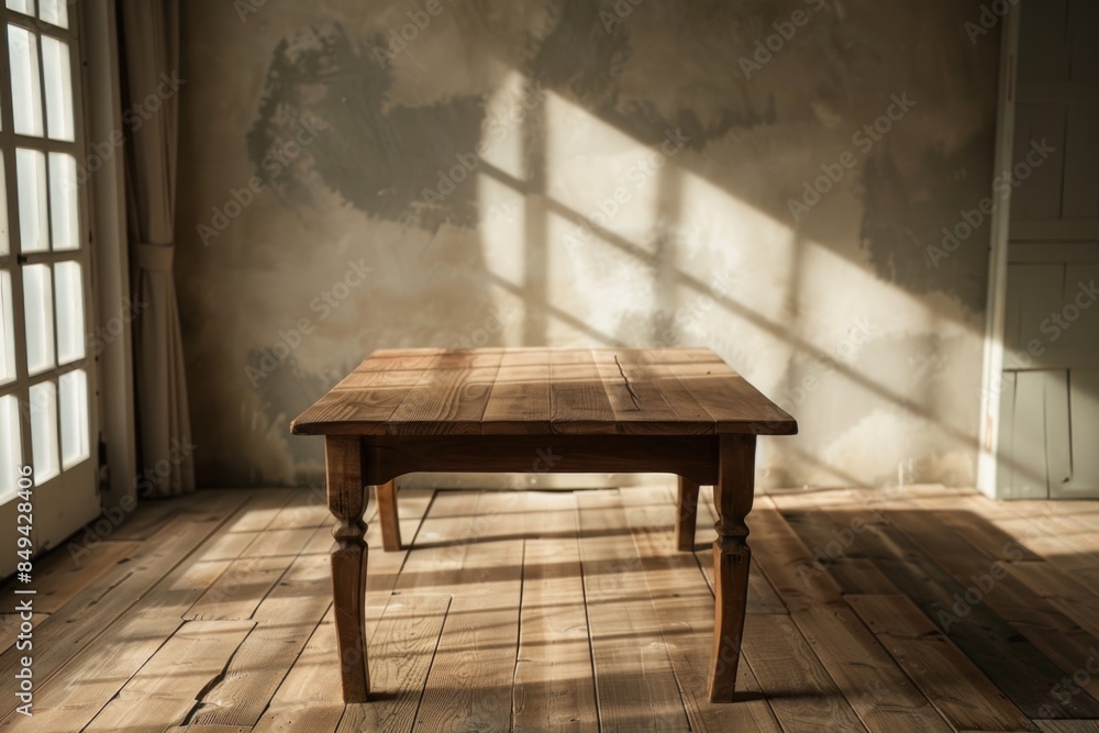 Poster a wooden table sits on top of a hardwood floor, providing a rustic and natural setting for various u