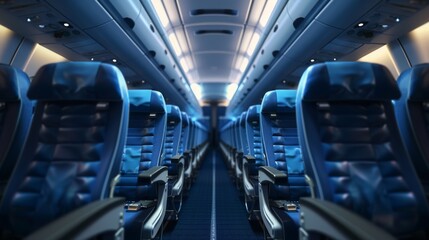 Obraz premium Modern airplane cabin interior with empty blue passenger seats awaiting boarding