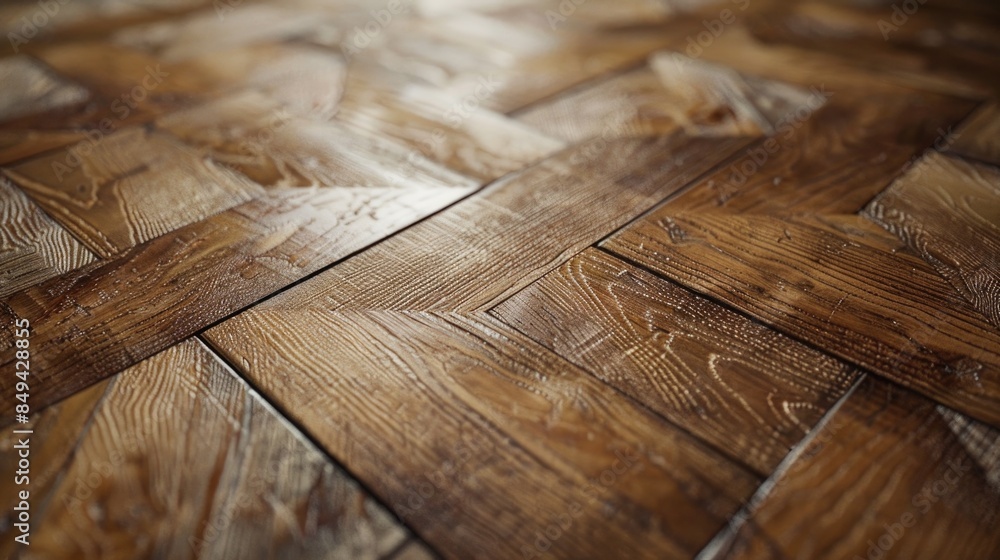 Poster a detailed shot of a wooden floor in a room, suitable for use as a background or texture