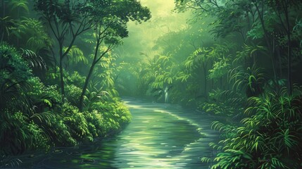 Mysterious jungle painting depicting a winding river cutting through dense forest, evoking a sense of wonder and discovery