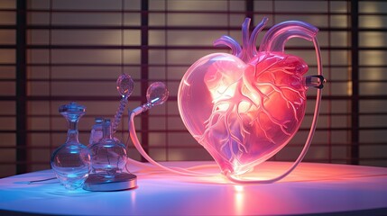 Photograph of a modern stethoscope within a translucent heart-shaped sculpture, illuminated by soft, ethereal lighting.