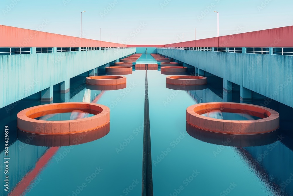 Poster a bridge with a blue and orange color scheme