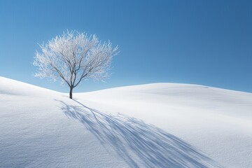 Fototapeta premium Minimalist photography, an isolated tree in the snow, foggy background, soft blue tones