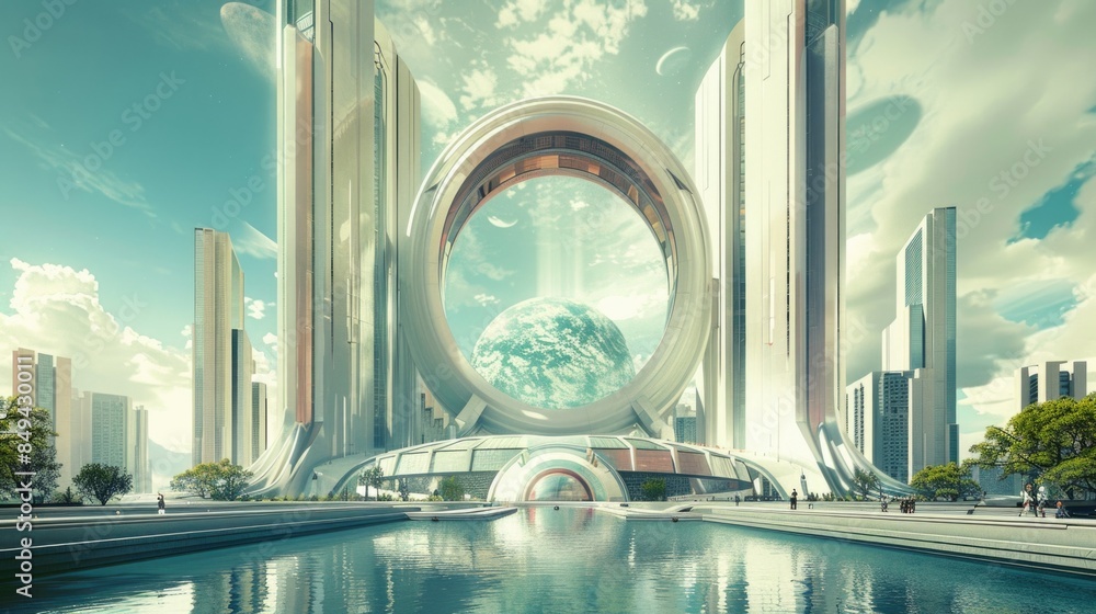 Poster a futuristic cityscape with a large circular building in the center, surrounded by modern architectu