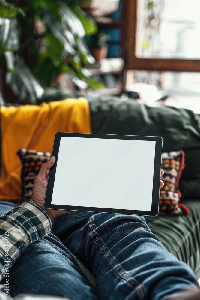 Poster a person sitting on a couch with a tablet in hand, ideal for use in digital media or technology-rela