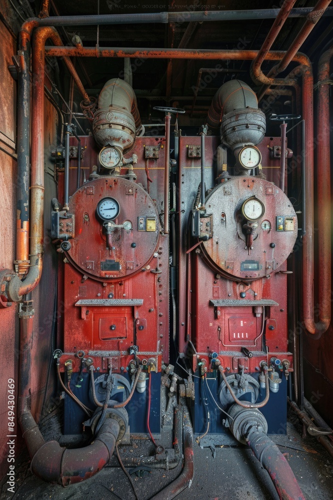 Poster two vintage-style steam engines sit side by side, ready for use
