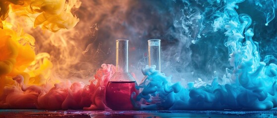 Dynamic chemistry experiment, vibrant colors in test tube and glass bottle, smoke rising Highangle shot, capturing the energetic reactions and billowing smoke