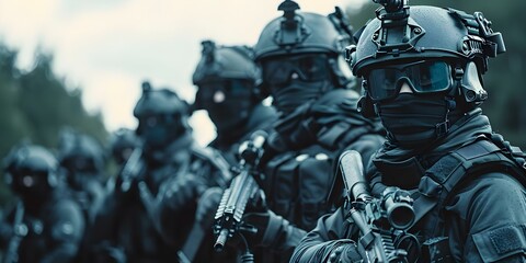 Blackclad combat squad looking into the distance with their backs turned to the camera. Concept Military, Squad, Combat, Backs Turned, Gazing Into Distance