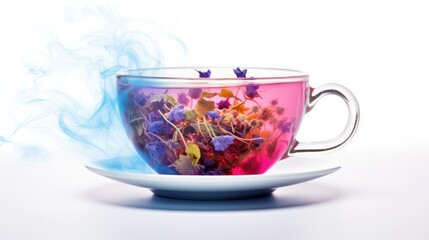 Photograph of a steaming cup of herbal tea, with wisps of steam swirling around it and revealing the vibrant colors of the herbs