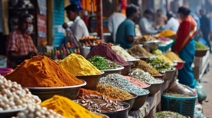 A bustling market in India, with vendors selling colorful spices and fresh produce