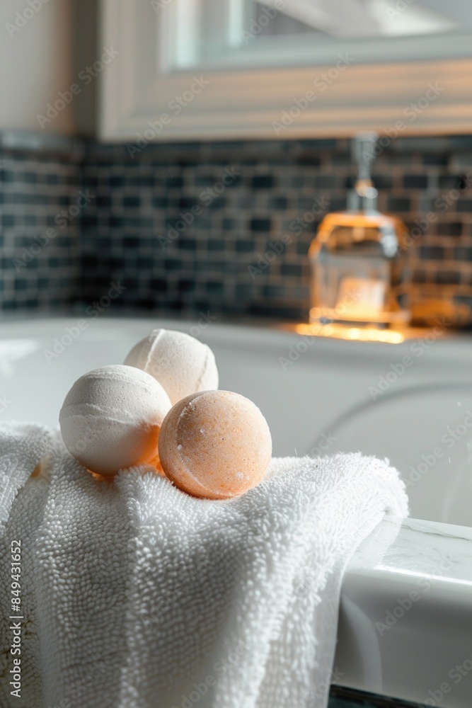 Poster three bath bombs resting on a white towel, ready for use