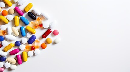 Photograph of a variety of colorful pills and capsules arranged in a geometric pattern on a white background
