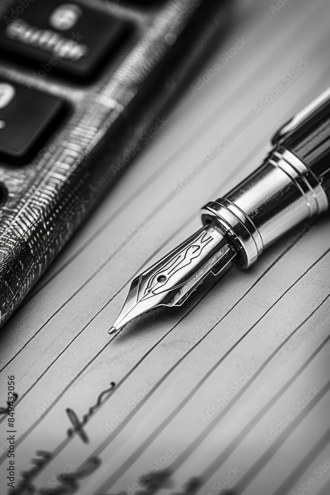 Poster A pen and notebook placed next to a calculator on a desk