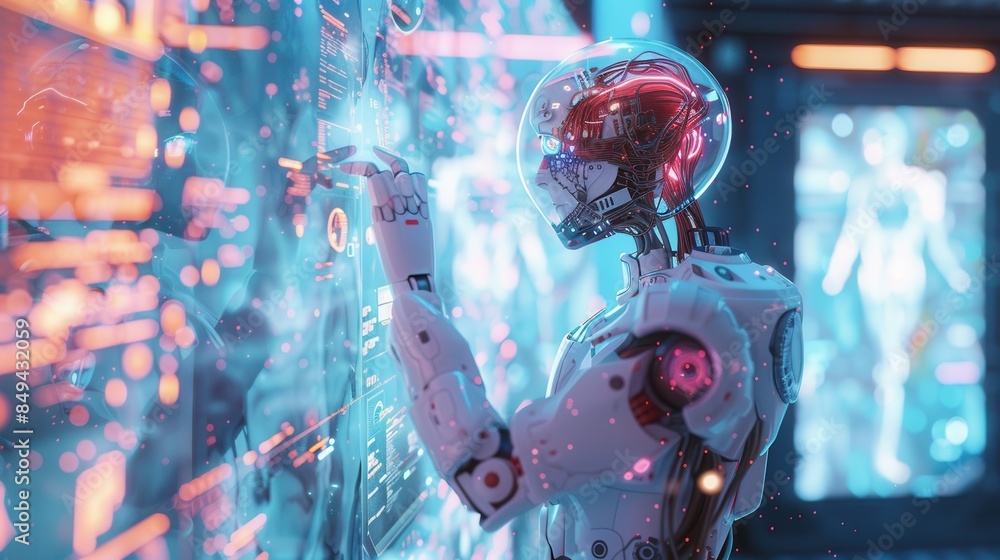 Poster futuristic humanoid robot interacting with a digital display, showcasing advanced ai technology in a