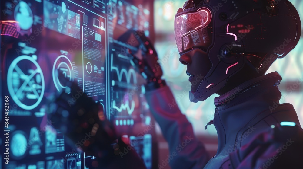 Poster futuristic interface with a person in vr gear interacting with holographic displays in a neon-lit en