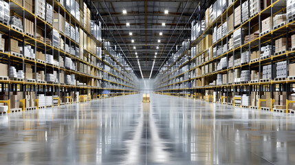 Fototapeta premium expansive distribution warehouse featuring high shelves for business and marketing use